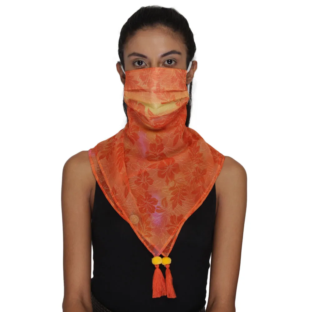 Anekaant 3-Ply Reusable Orange & Multi Poly Chiffon Floral Printed Tesselled Scarf Style Fashion Mask