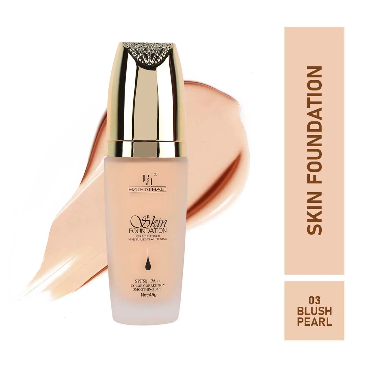 Half N Half Skin Foundation Miracle Touch Moisturizing Whitening, SPF 50 PA++ Colour Correction Smoothing Base, Blush Pearl (45gm)