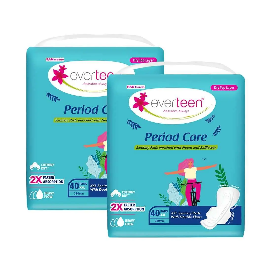 everteen XXL Sanitary Napkin Pads with Cottony-Dry Top Layer for Women, Enriched with Neem and Safflower – 2 Packs (40 Pads Each, 320mm)