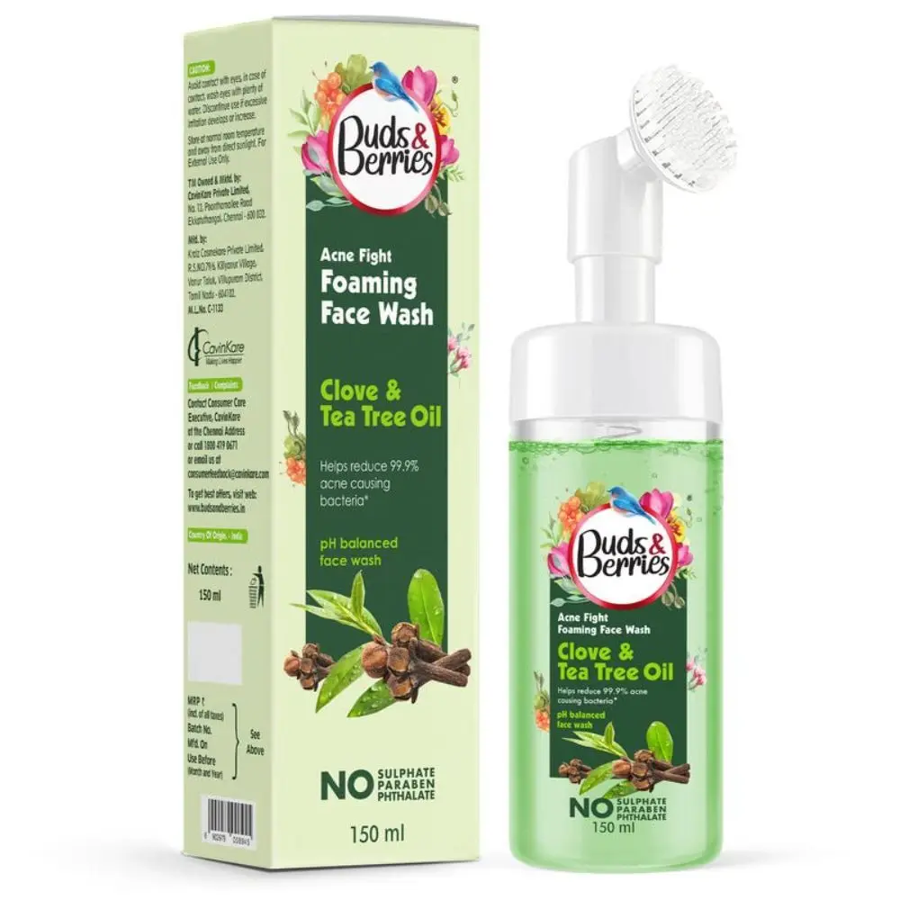 Buds & Berries Clove & Tea Tree Oil Foaming Face Wash for treating acne with Built-In Soft Silicone Brush | pH Balanced Gentle Face Wash | No Sulphate, No Paraben (150ml)