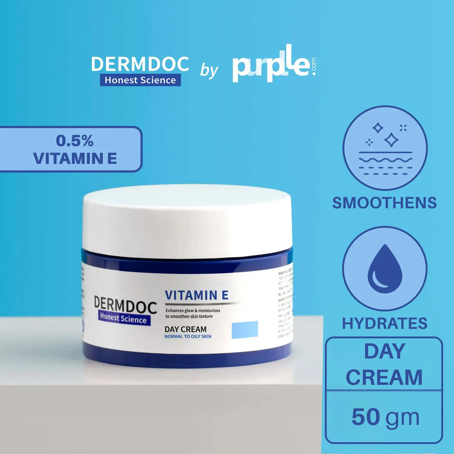 DERMDOC by Purplle Vitamin E Day Cream (50 gm) | moisturizer for dry skin | moisturizing cream