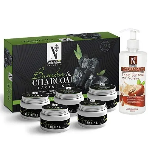 NutriGlow NATURAL'S Bamboo Charcoal Facial Kit (260gm) With Shea Butter Body Lotion (500ml) For All Skin Types