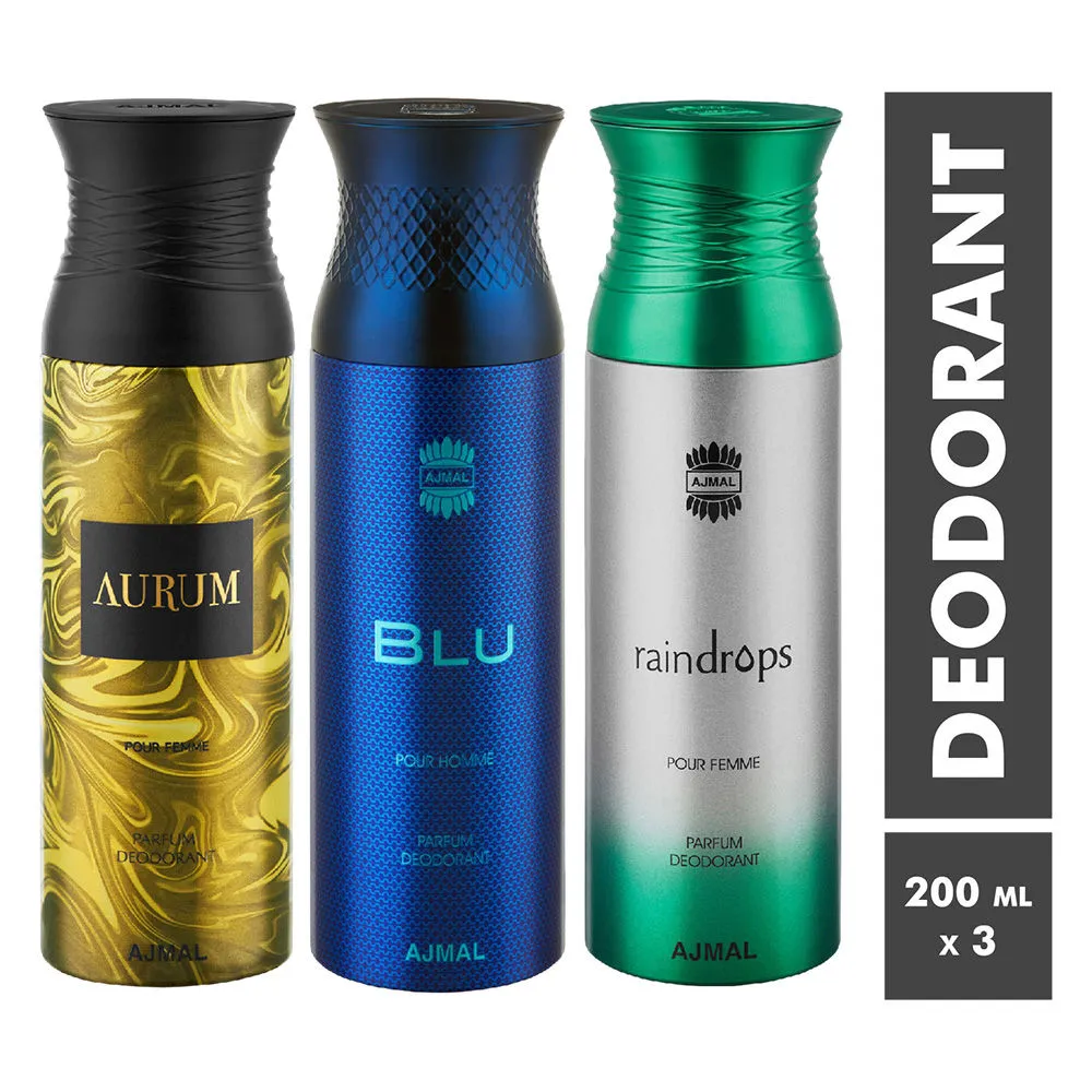 Ajmal Aurum, Blu & Raindrops Parfum Deodorant For Men and Women - Pack Of 3