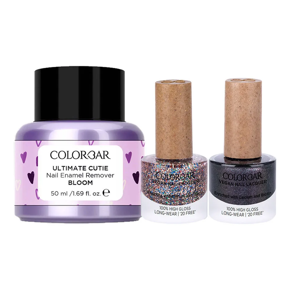 Colorbar Vegan Nail Lacquer - Goddess + Confetti + Nail Enamel Remover - Purple Combo