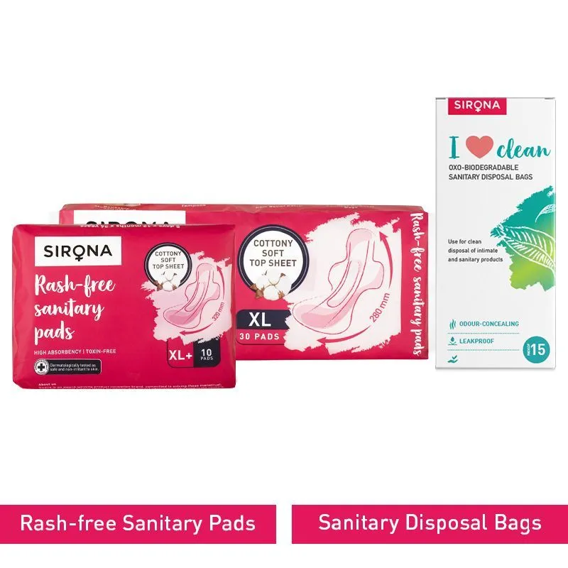 Sirona Cottony Soft Rash Free Sanitary Pads Combo Xl & Xl+ (40 Pcs) With Sanitary Disposal Bags