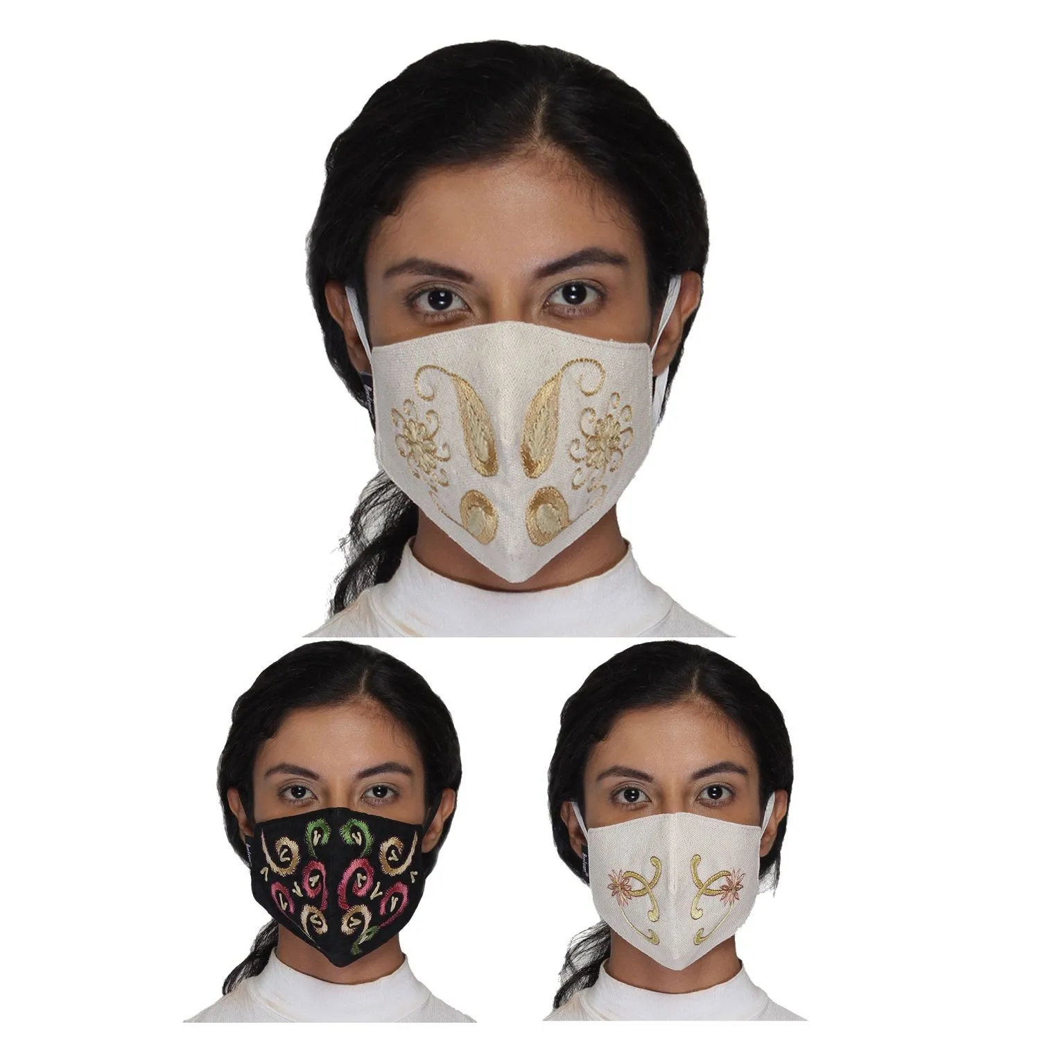 Anekaant Multicolor Reusable 3-Ply Cotton Embroidered Fabric Fashion Mask (Pack Of 3)