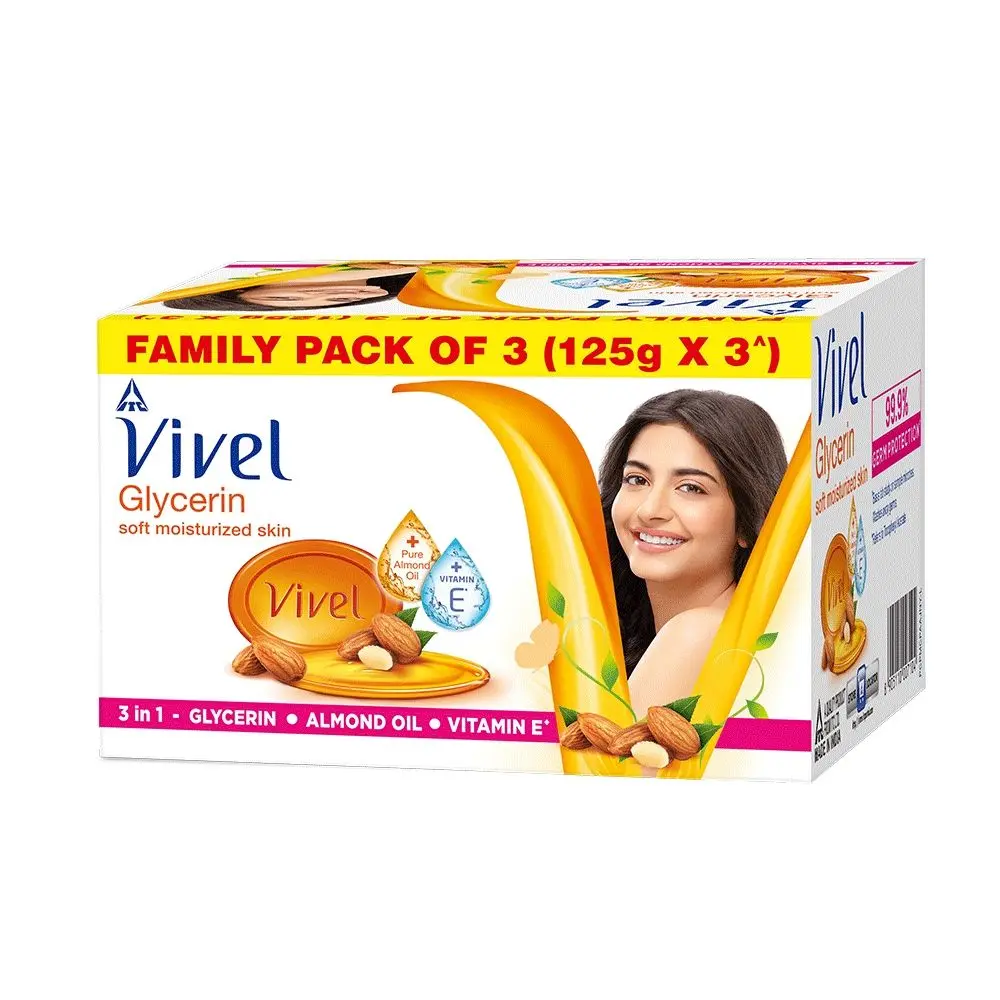 Vivel Glycerin Bathing Bar Soap for Soft Moisturized Skin with Pure Almond Oil & Vitamin E, Special Pack 125gx3 (Pack of 3)