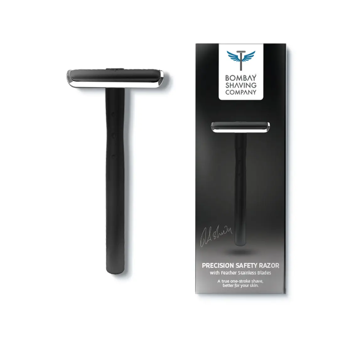 Bombay Shaving Company Black Precision Safety Razor + 5 Stainless Stil  Feather Blades Combo for Men | Anti Slip Grip | Eliminates Nicks & Cuts, Black