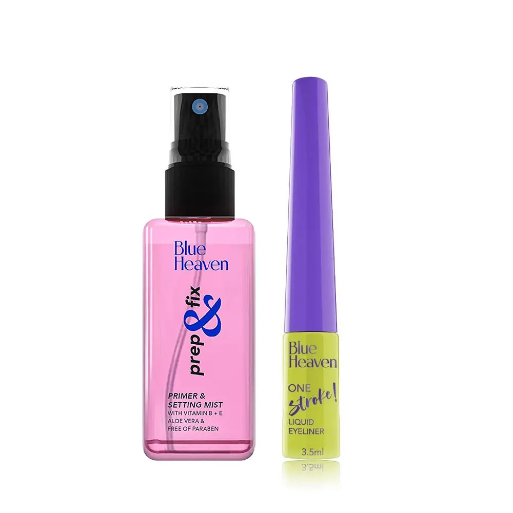 Blue Heaven Get Set Go Eye & Face Combo | Primer & Setting Spray | Eyeliner, Black | Pack of 2