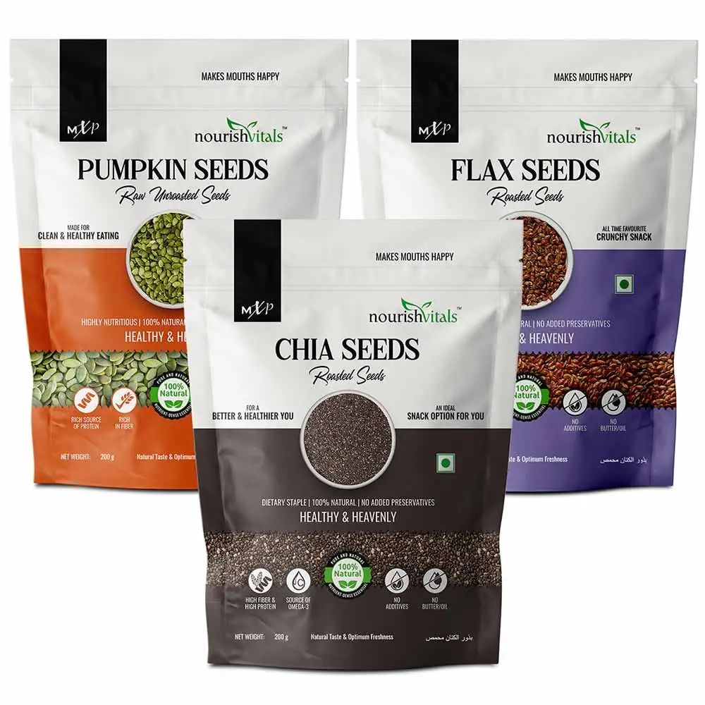 NourishVitals Healthy Munching Combo,  Chia Roasted + Flax Roasted + Pumpkin Raw Unroasted Seeds  3 Piece(s)/Pack