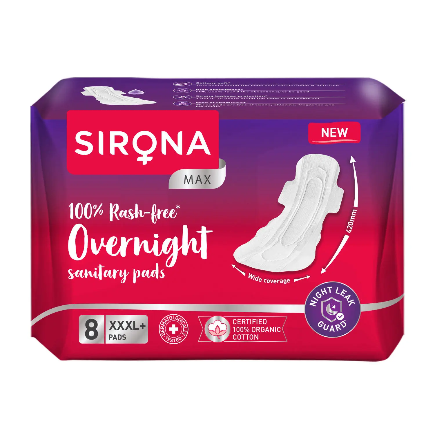 Sirona Max Overnight Sanitary Pads, 100% Rash Free | 8 Thick XXXL+ Pad for Women | Upto 0% Leaks | Suitable for Heavy Flow | GOTS Certified Organic Cotton Sanitary Pad