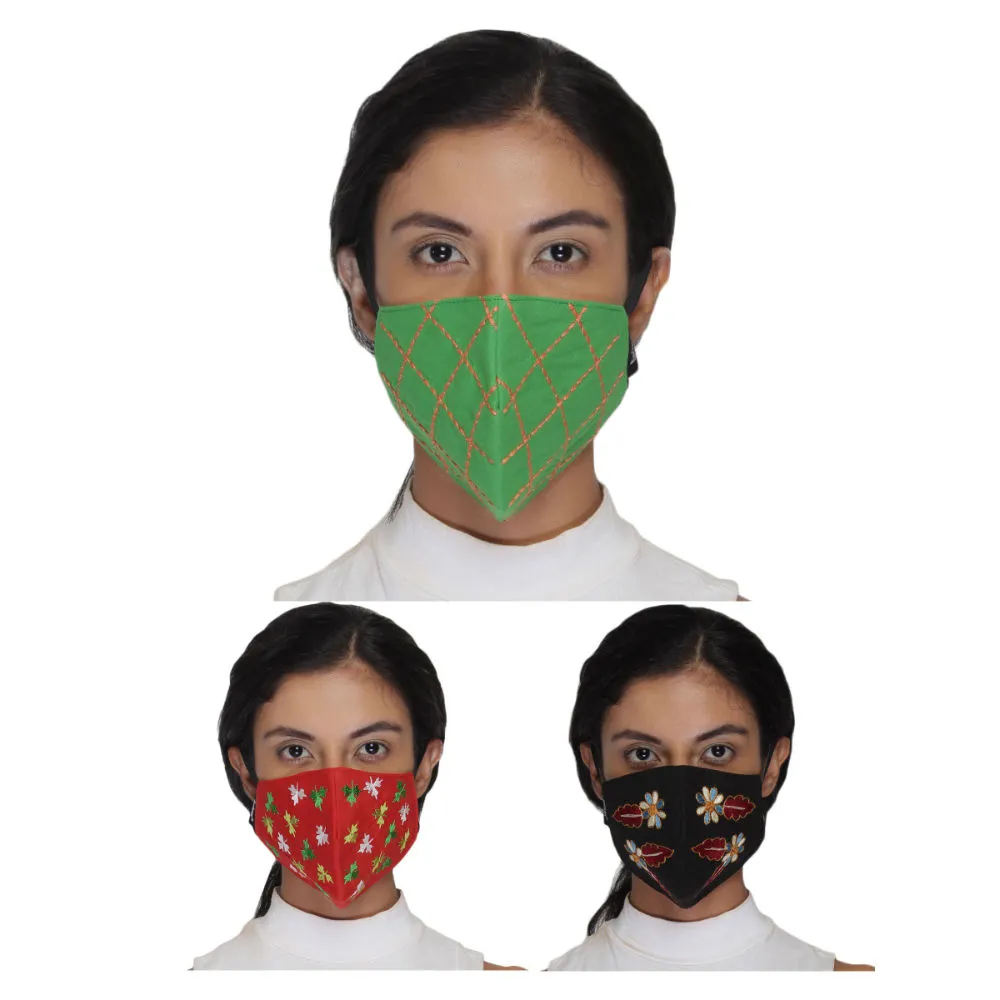 Anekaant Pack Of 3 Multicolor 3-Ply Reusable Cotton Embroidered Fabric Fashion Mask