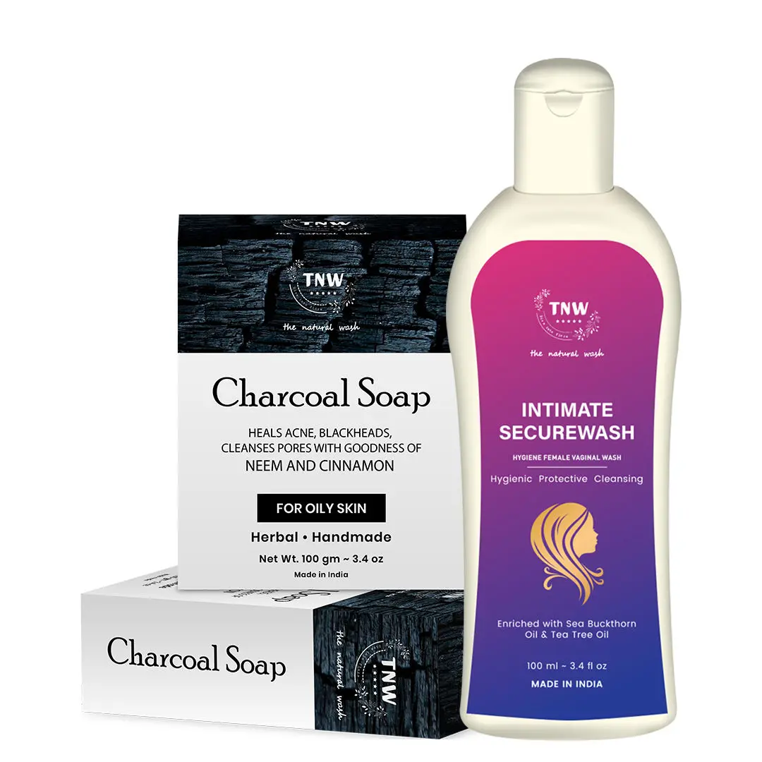 TNW-The Natural Wash Combo of Handmade Charcoal Soap & Intimate Wash | Paraben Free Soap For Blackheads And Acne 100G | Female Vaginal Intiamte Wash For Itchiness ,Dryness & Bad Odour -100 ML