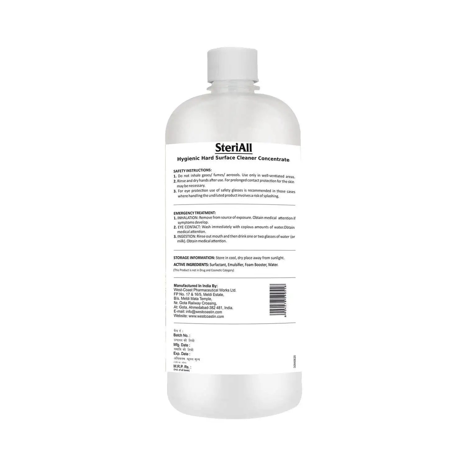 West Coast SteriAll Hygienic Hard Surface Cleaner Concentrate,  Fragrance Free  1 L  Protection from Germs