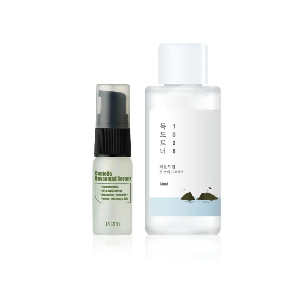 Round lab Bestselling Korean Serum+ Toner Mini Combo | PURITO Unscented Serum (15ml) and Round Lab DOKDO Toner (50ml)