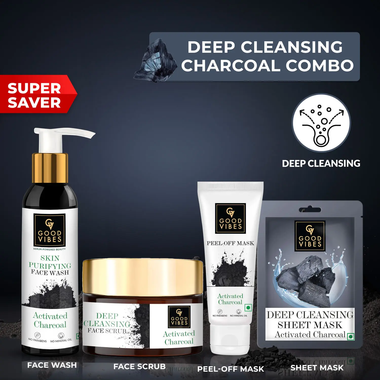 Good Vibes Deep Cleansing Activated Charcoal Combo (Facewash, Scrub, Sheet mask, Peel off mask)