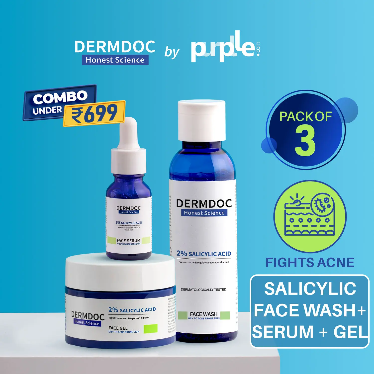 DERMDOC Combo Kit for Acne CTM Routine | salicylic acid range | salicylic acid face wash, face serum, face gel | acne prone skin routine | oily skin | whiteheads, blackheads | exfoliation skincare