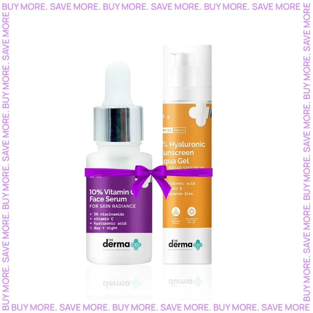 The Derma co. 10% Niacinamide Face Serum for Acne Marks + The Derma Co.1% Hyaluronic Sunscreen Aqua Ultra Light Gel with SPF 50 PA++++ For Broad Spectrum UV A UV B & Blue Light Protection - 50g