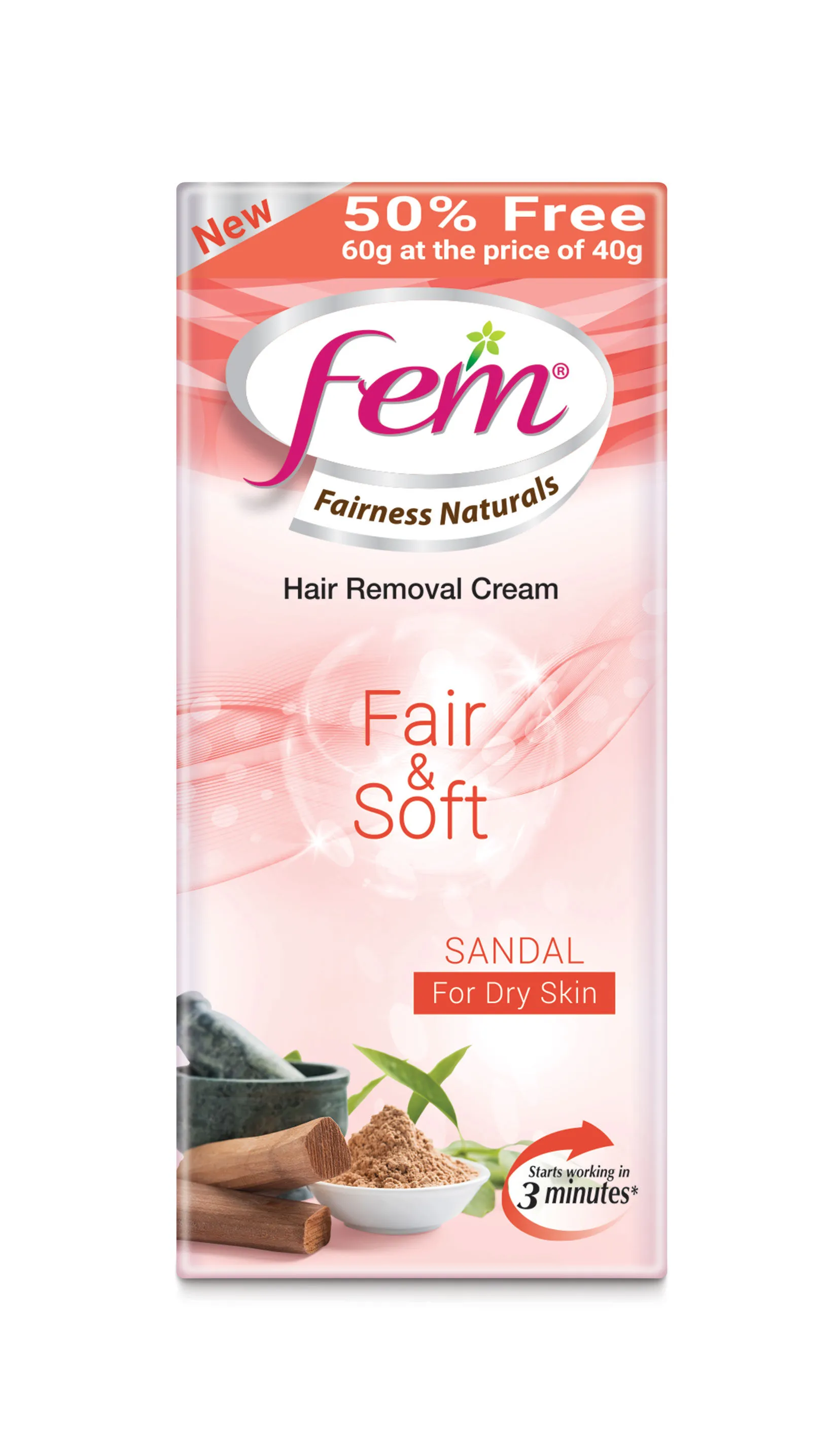 Fem Fairness Naturals Hair Removal Cream Fair and Soft Sandal - Dry Skin (40g + 50% Extra)