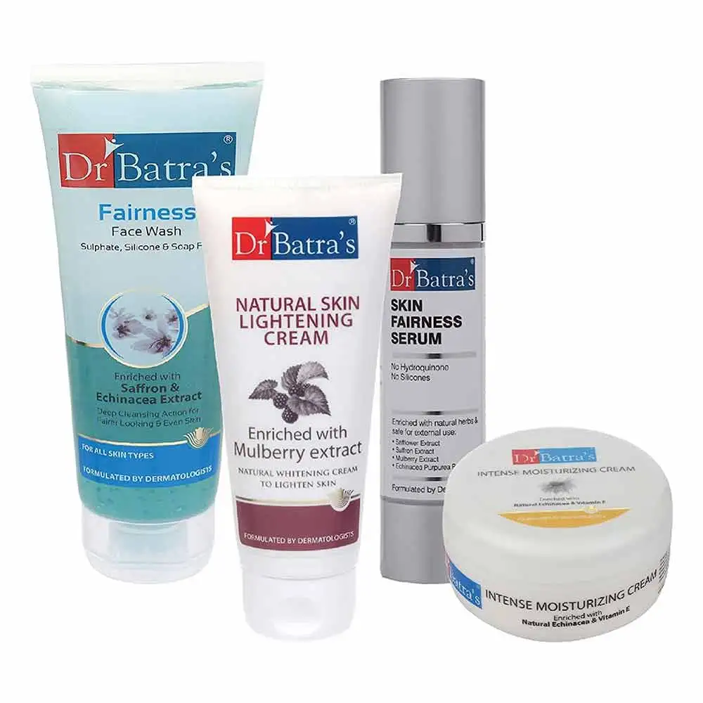 Dr Batra's Skin Fairness Serum, Fairness Face Wash 100 g, Natural Skin Lightening Cream & Intense Moisturizing Cream Combo,  4 Piece(s)/Pack  Healthy Skin