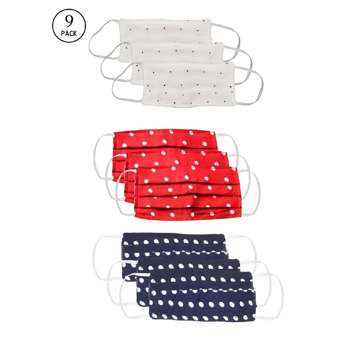 Bellofox 3-Ply Red Red- White & Blue Polka Cotton Face Mask (Pack Of 9)