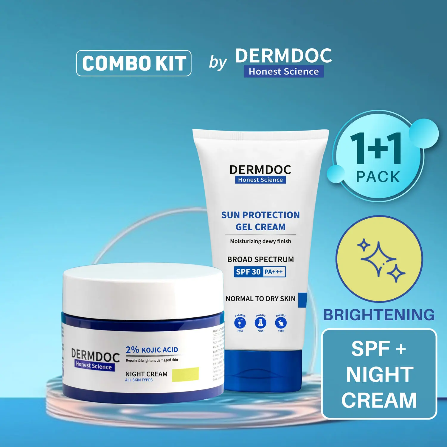 DERMDOC Combo Kit Glow & Protect Combo | kojic acid night cream | dewy sunscreen spf 30 pa+++ | cream for dark spots, dullness | detan | sunscreen for dry skin