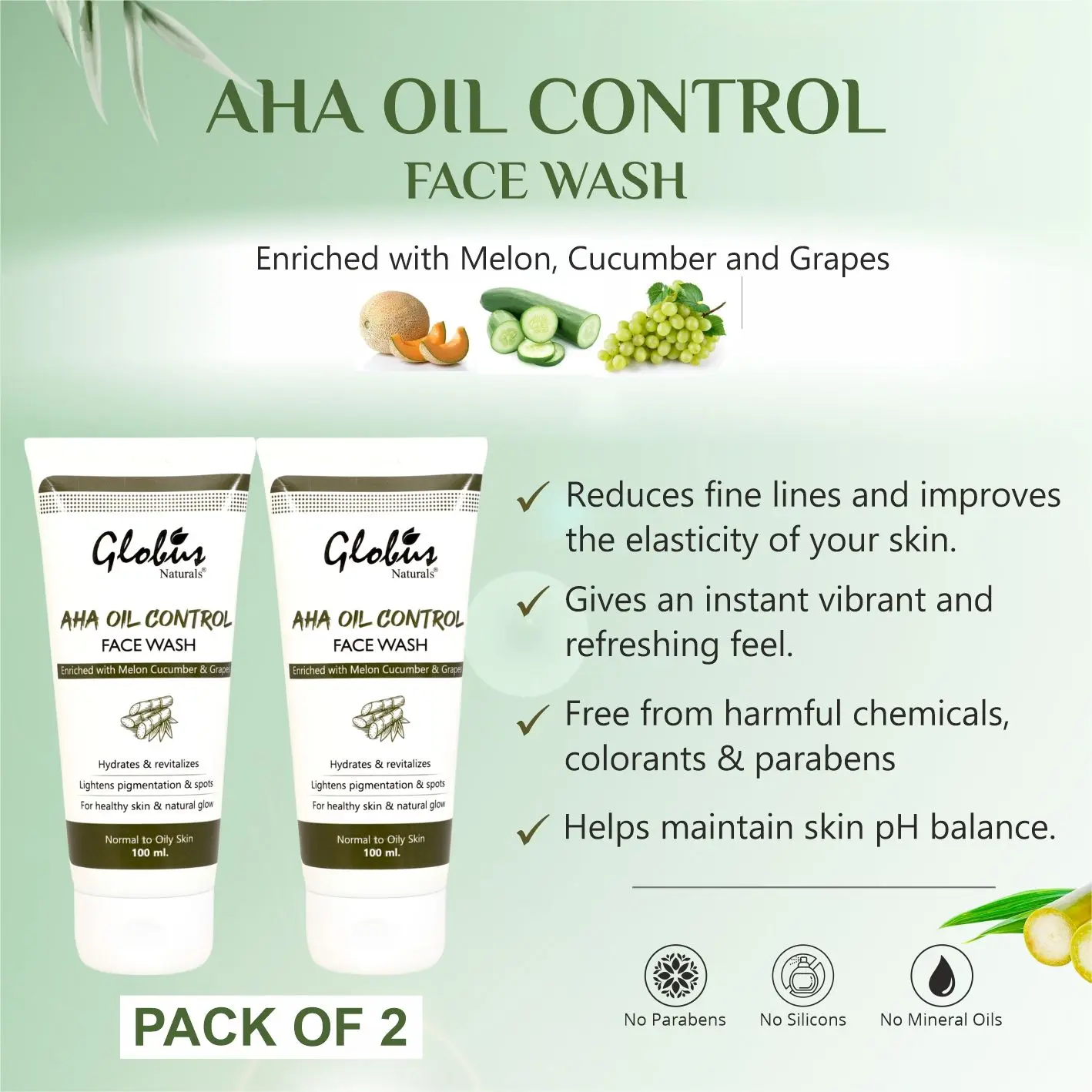 Globus Naturals Aha Oil Control Face Wash With Melon Cucumber & Grapes, 100Gm (Pack Of 2)