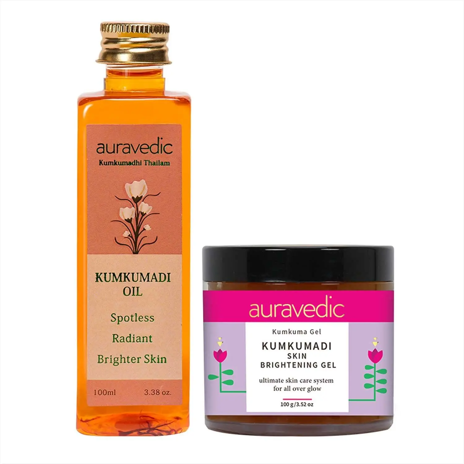 AURAVEDIC Kumkumadi Oil & Kumkumadi Skin Brightening Gel Night and Day Radiance, 100ml & 100gm Kumkumadi Tailam Face Oil for Glowing Skin. Kumkumadi Gel for Pigmentation,Dark Spots,Skin Whitening,Skin Brightening,Skin Lightening for Women / Men