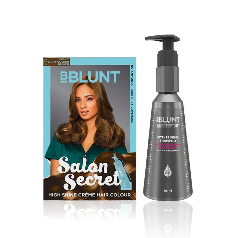 BBLUNT Salon Secret High Shine Creme Hair Colour Light Golden Brown 5.32 (100 g) With Shine Tonic (8 ml)+BBLUNT Intense Shine Shampoo with Rice & Silk Protein for 23X* Shinier Hair - 300 ml