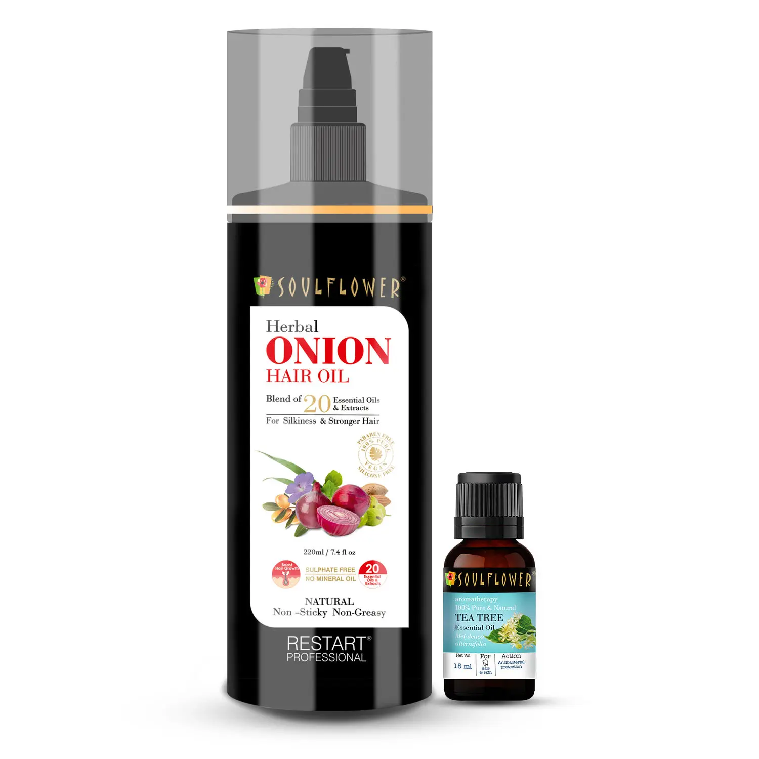 Soulflower Herbal Onion Hair Oil (220ml) and Tea Tree Essential Oil (15ml) Pack of 2