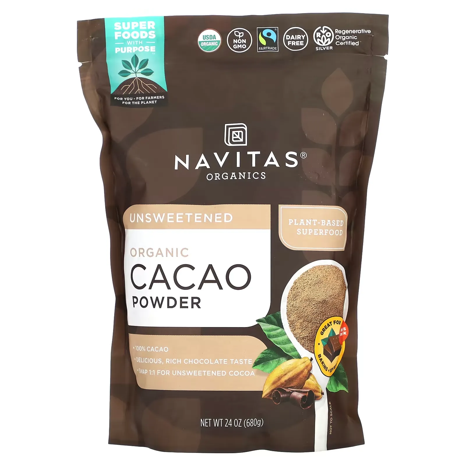 Organic Cacao Powder, Unsweetened, 24 oz (680 g)