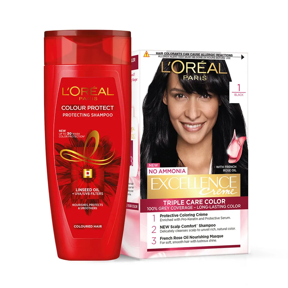 L'Oreal Paris Excellence Creme Hair Color Shade 1 - Black + Colour Protect Shampoo