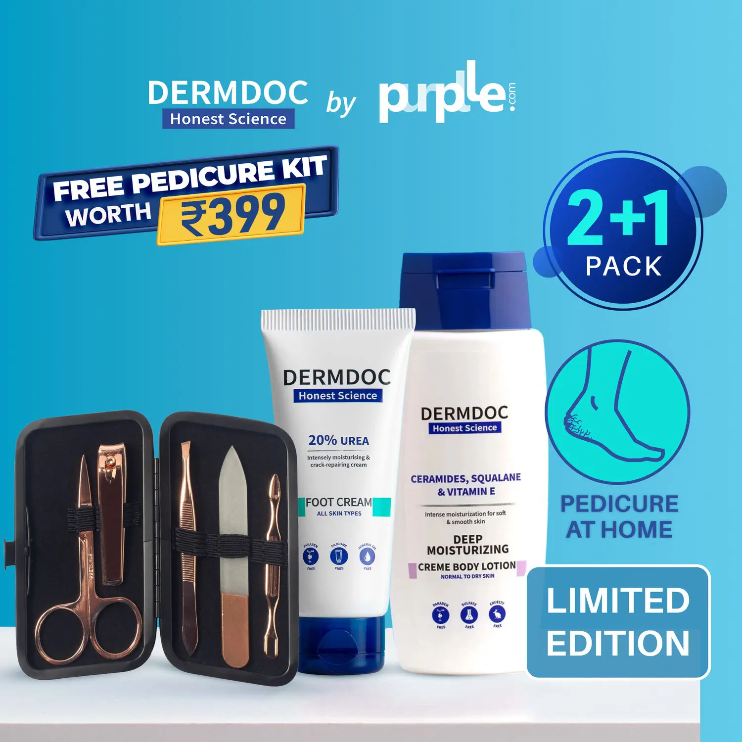 DERMDOC Combo Kit for Perfect Pedicure at Home | free grooming kit | Urea foot cream (100 gm) | creme body lotion | manicure pedicure Kit | moisturizer for winter | foot crack repair cream | cracked heels