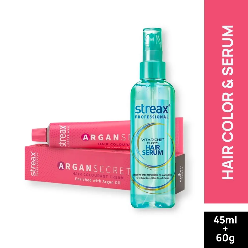 Streax Professional Vitariche Gloss Hair Serum + Argan Secret Hair Colourant Cream - Natural Black 1 (45 ml + 60 g )