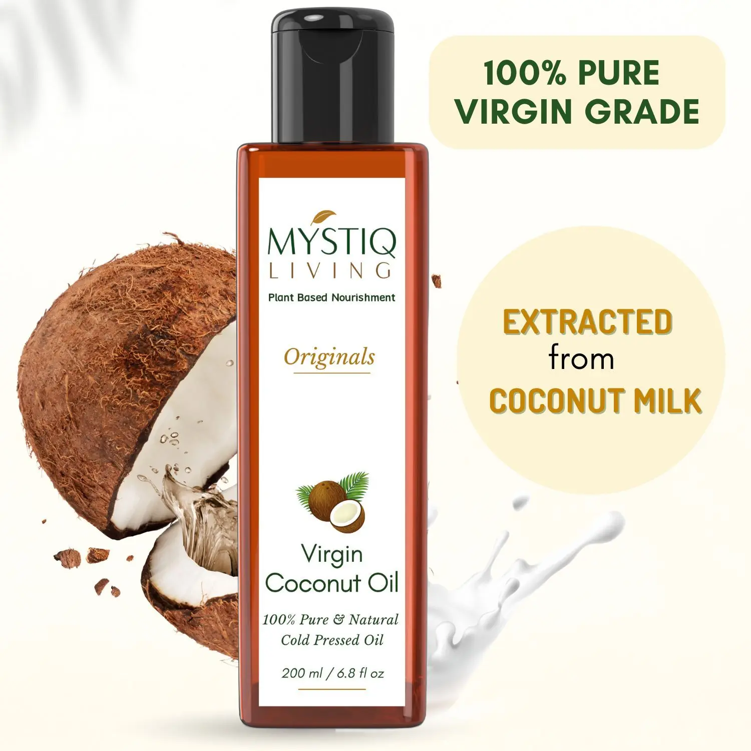 Mystiq Living Originals - Virgin Coconut Oil (From Coconut Milk)|For Hair, Skin & Baby Massage | Cold Pressed, 100% Pure & Natural - 200 ML