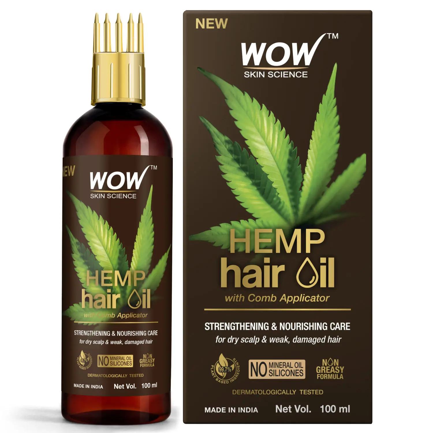 WOW Skin Science Hemp Hair Oil for Strengthening and Nourishment of Stressed Scalp - For Damaged And Chemically Treated Hair - With Comb Applicator - 100ml