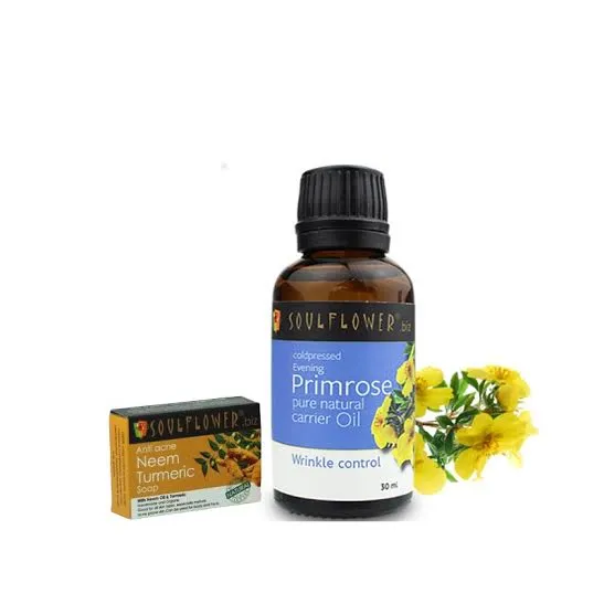 Soulflower Evening Primrose Carrier Oil - Coldpressed + Anti Acne Neem Turmeric Soap Combo Kit