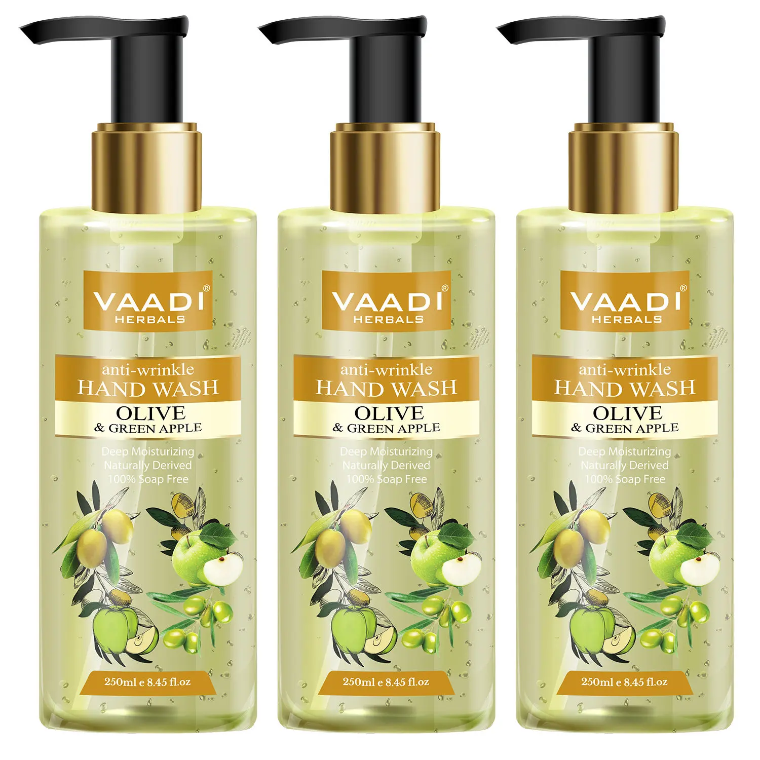 Vaadi Herbals Pack of 3 Anti-Wrinkle Olive and Green Apple Hand Wash (250 ml x 3)