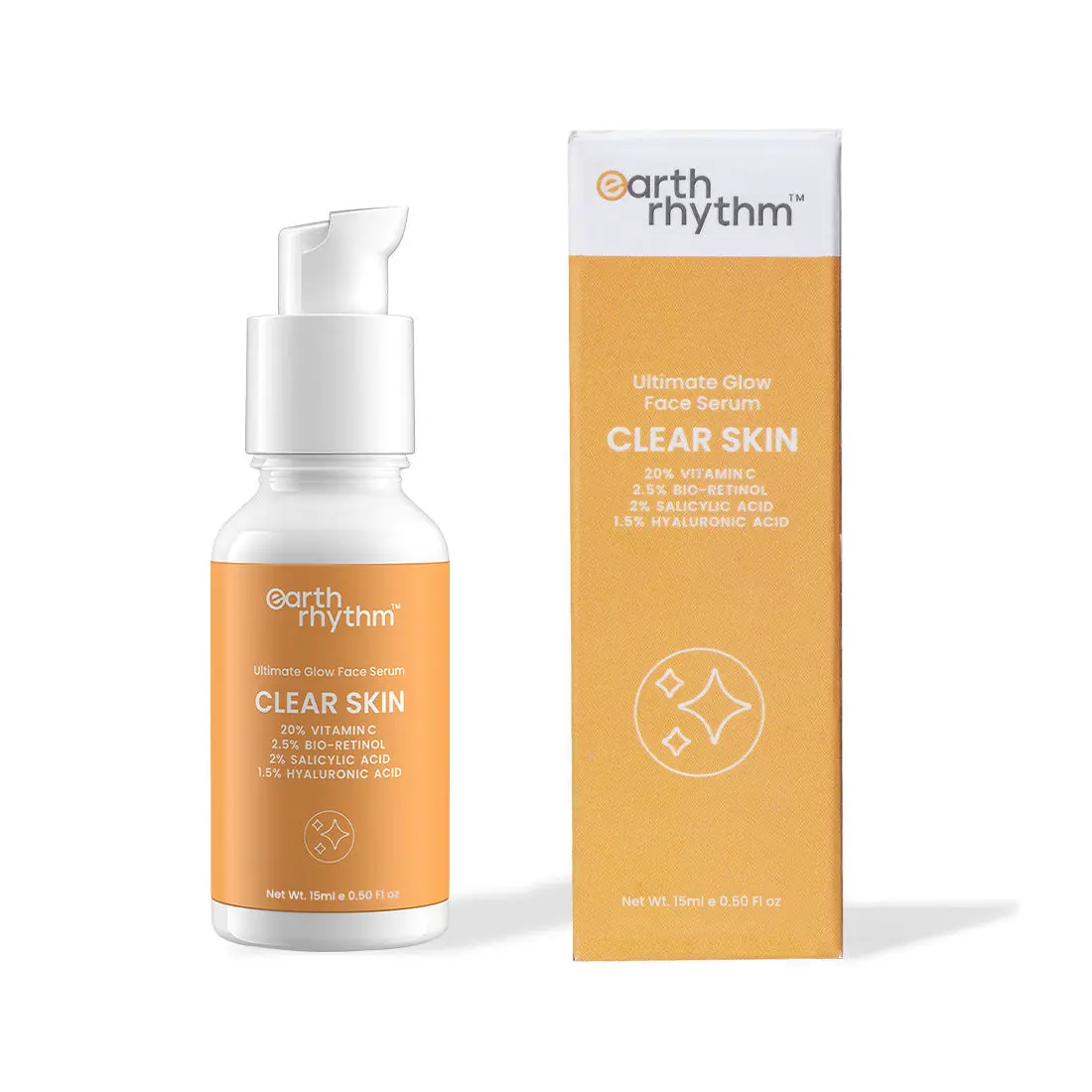 Earth Rhythm Clear Skin - Ultimate Glow Serum with the goodness of Salicylic Acid, Hyaluronic Acid, Bio Retinol & Vitamin C| Boost Collagen Synthesis, Anti Ageing, Brighten Skin, Unclog Pores | Men & Women - 15 ML