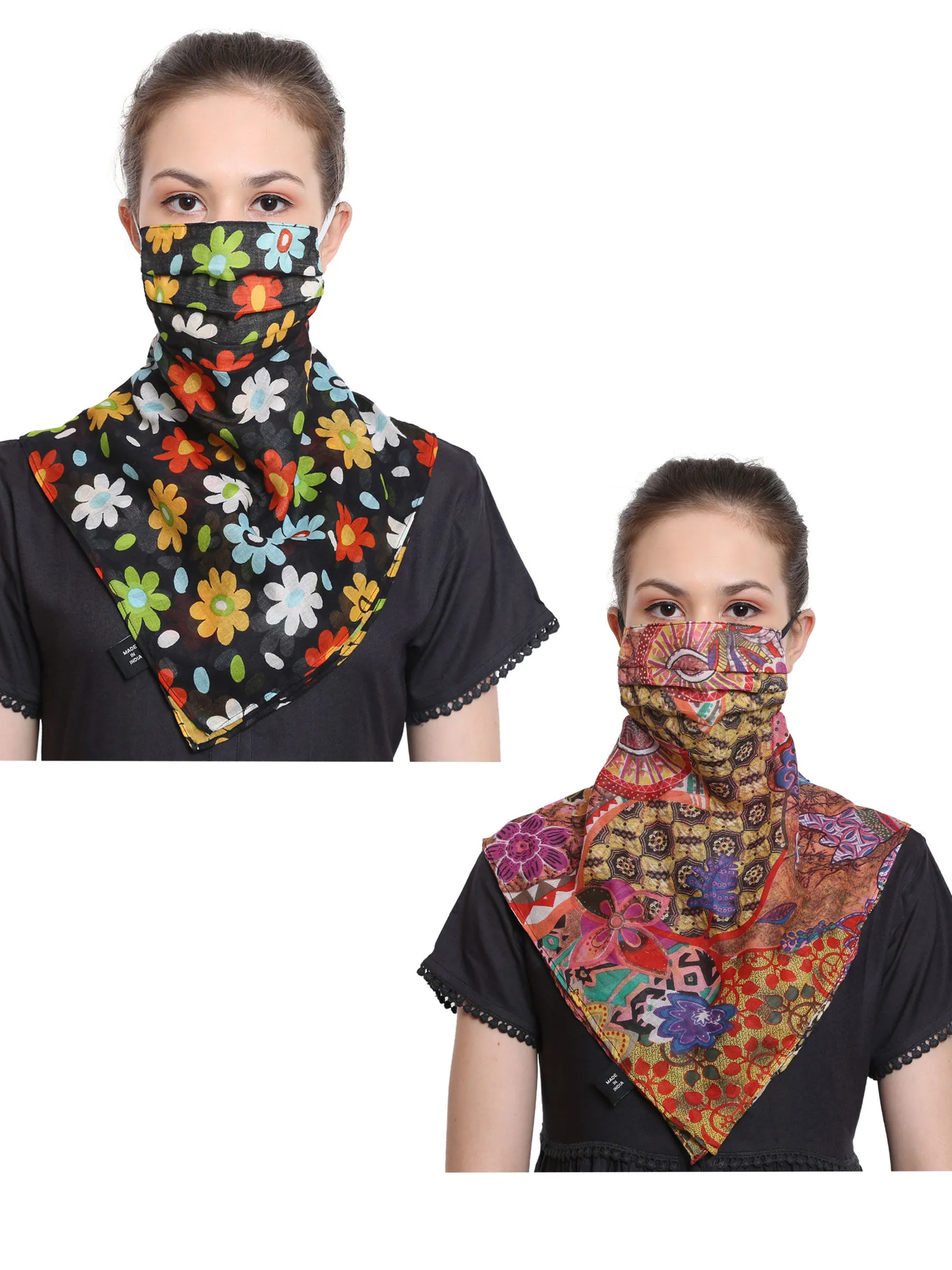 Anekaant Multicolor 3-Ply Reusable Printed Cotton Scarf Style Fashion Mask (Pack Of 2)