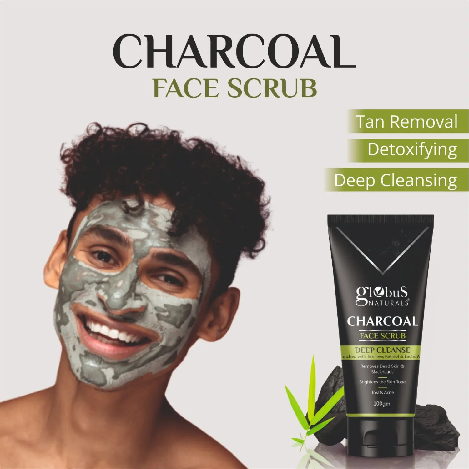 Globus Naturals Charcoal Face Scrub Enriched with Tea Tree,Retinol & Lactic Acid for Exfoliation, Anti-acne & Pimples, Blackhead Removal Scrub (100 g)