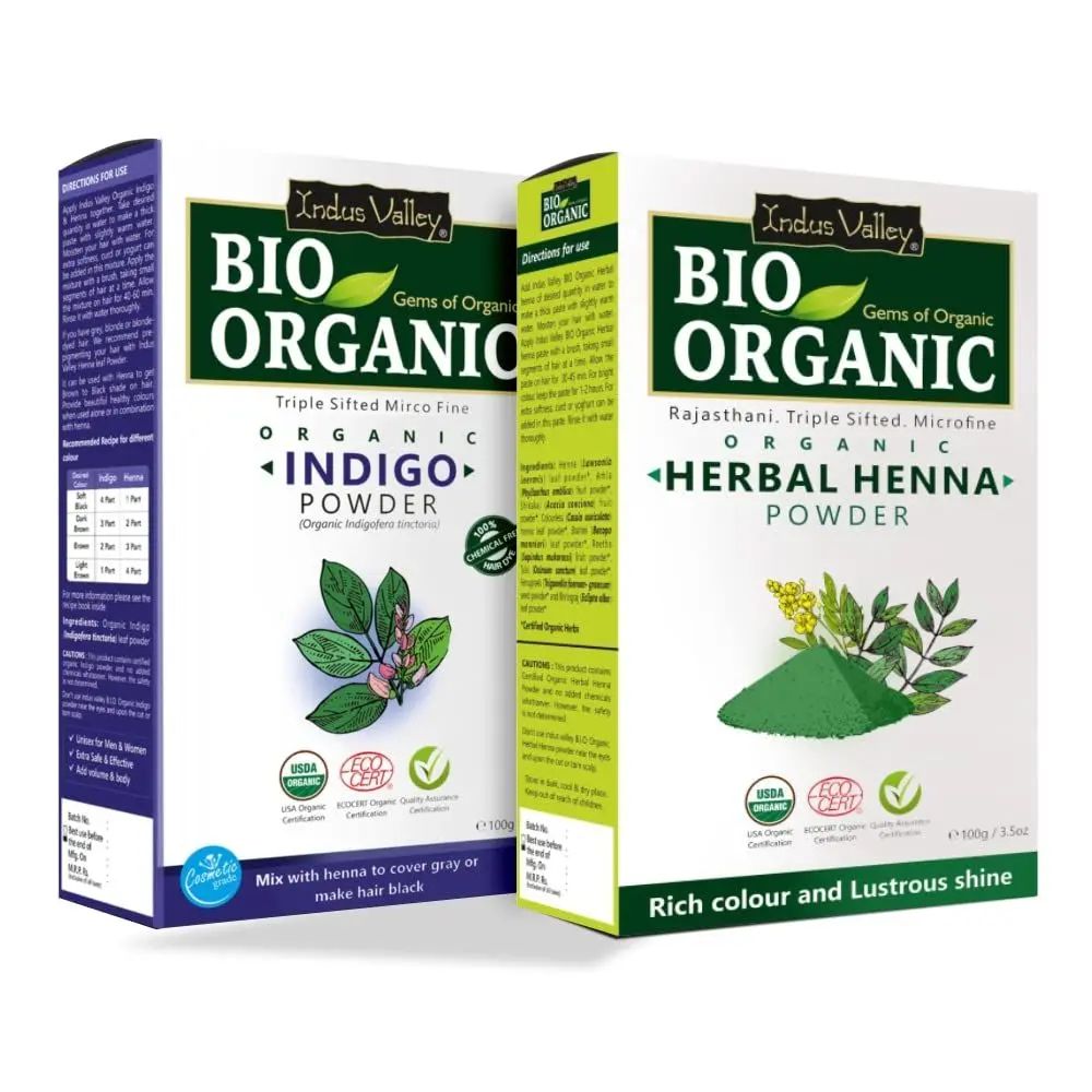 Indus Valley Bio Organic 100% Natural Indigo and Henna henna Powder Combo for Black Hair Colour