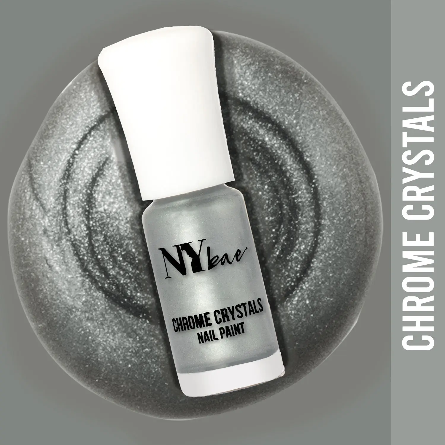 NY Bae Chrome Crystals Nail Paint - Grey Moonstone 06 (3 ml) | Grey | Glossy Finish | Rich Pigment | Chip-proof | Full Coverage | Vegan