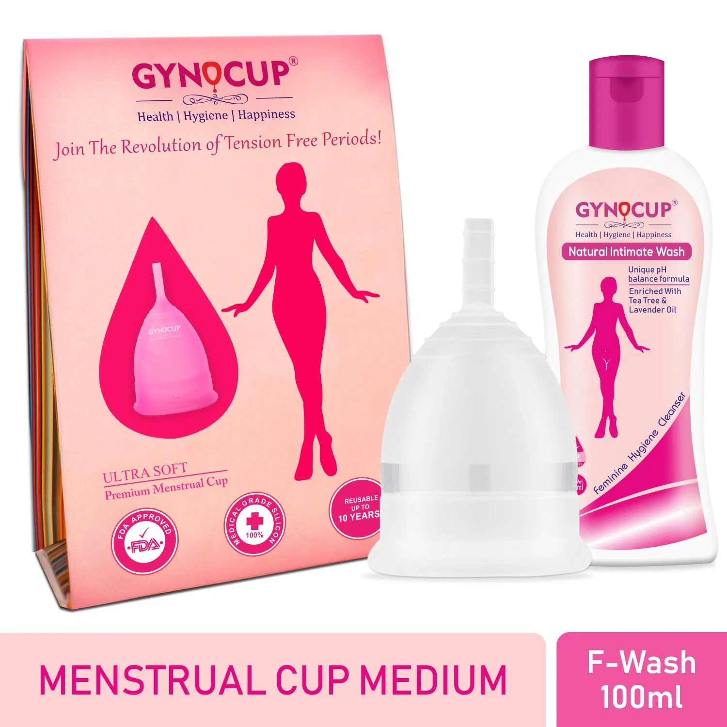 GynoCup Menstrual Cup For Women Transparent Medium Size With Women Intimate Wash (Combo)