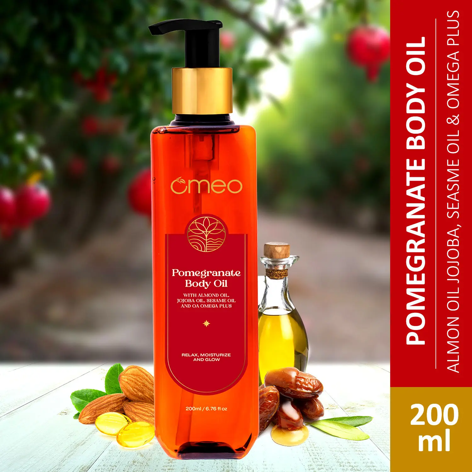 Omeo Pomegranate Body Oil With Almond Oil, Jojoba Oil, Sesame Oil and OA Omega Plus Relaxing, Moisturizing and Glowing