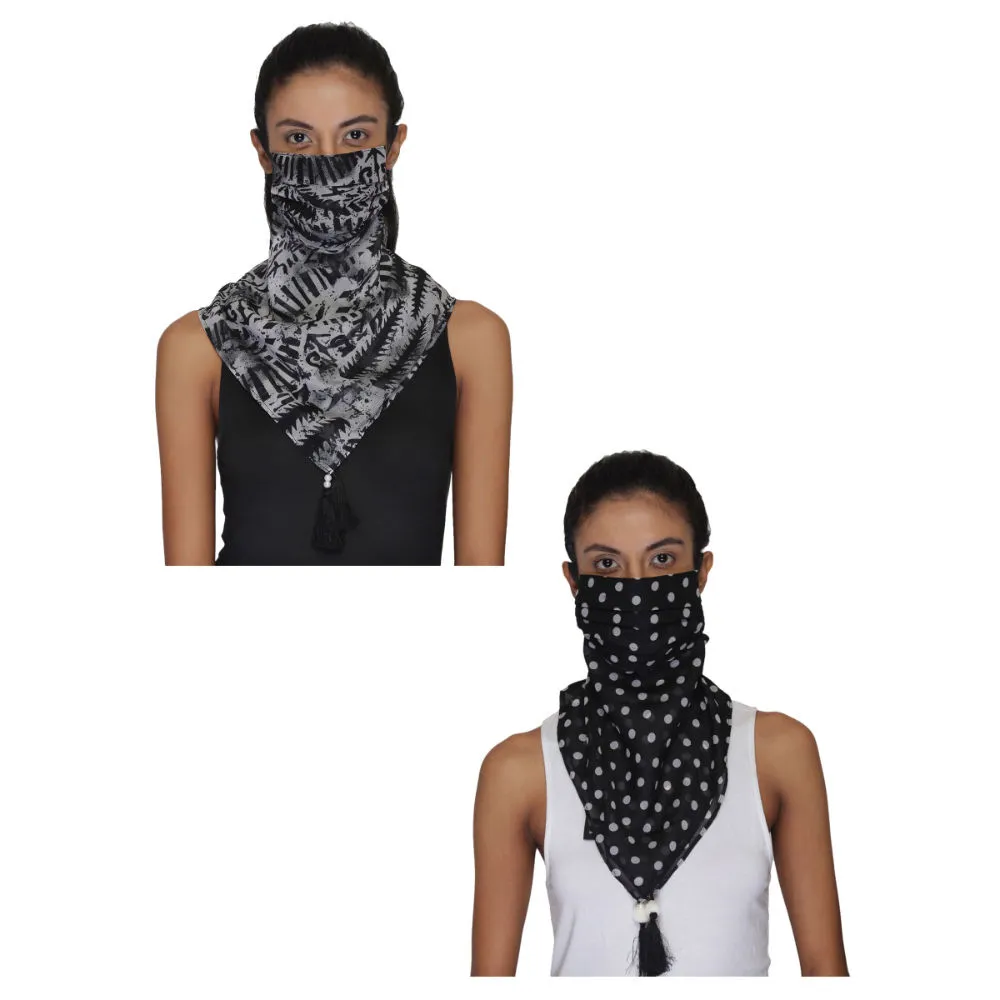 Anekaant Pack Of 2 Black & White 3-Ply Reusable Printed Tasselled Scarf Style Fashion Mask