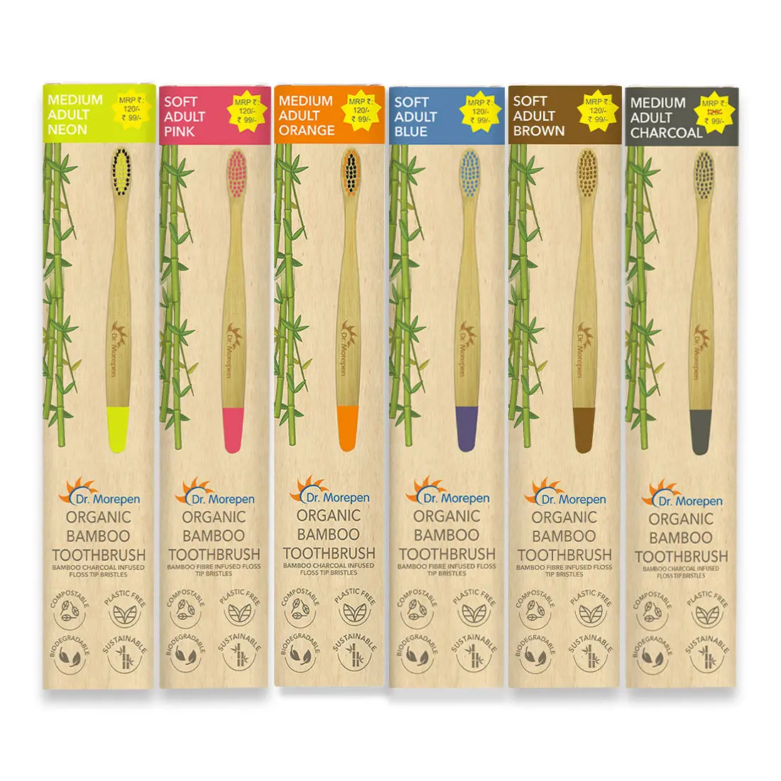 DR. MOREPEN Organic Bamboo Toothbrush For Adults Pack of 6