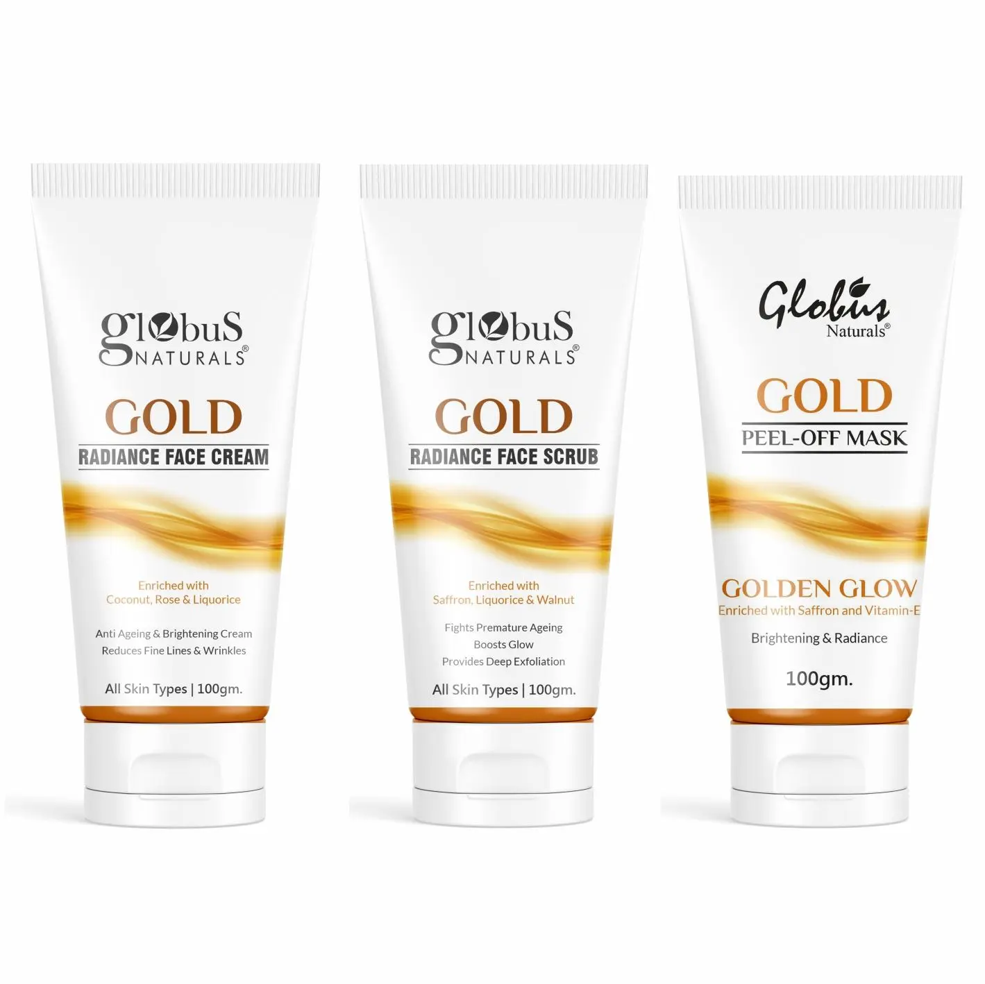 Globus Naturals Gold Radiance Brightening & Skin Lightening Face Care Combo Set of 3 - Face Cream, Face Scrub & Peel Off Mask