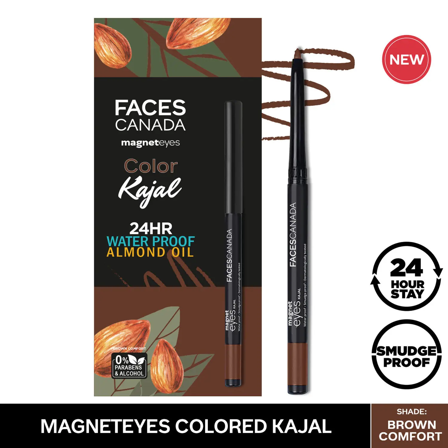 Faces Canada Magneteyes Kajal Waterproof, 24hrs Long Stay, Smudgeproof, Fadeproof, Almond Oil enriched, One Stroke Smooth Glide Brown Comfort 03 (0.25 g)