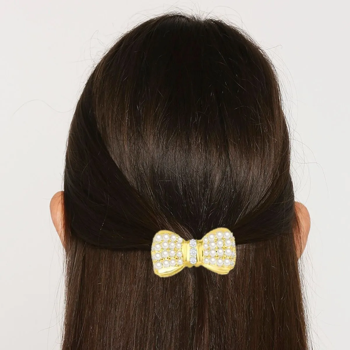 OOMPH Gold Tone Bowtie Ribbon Shape Pearl Hair Comb / Hair Clip